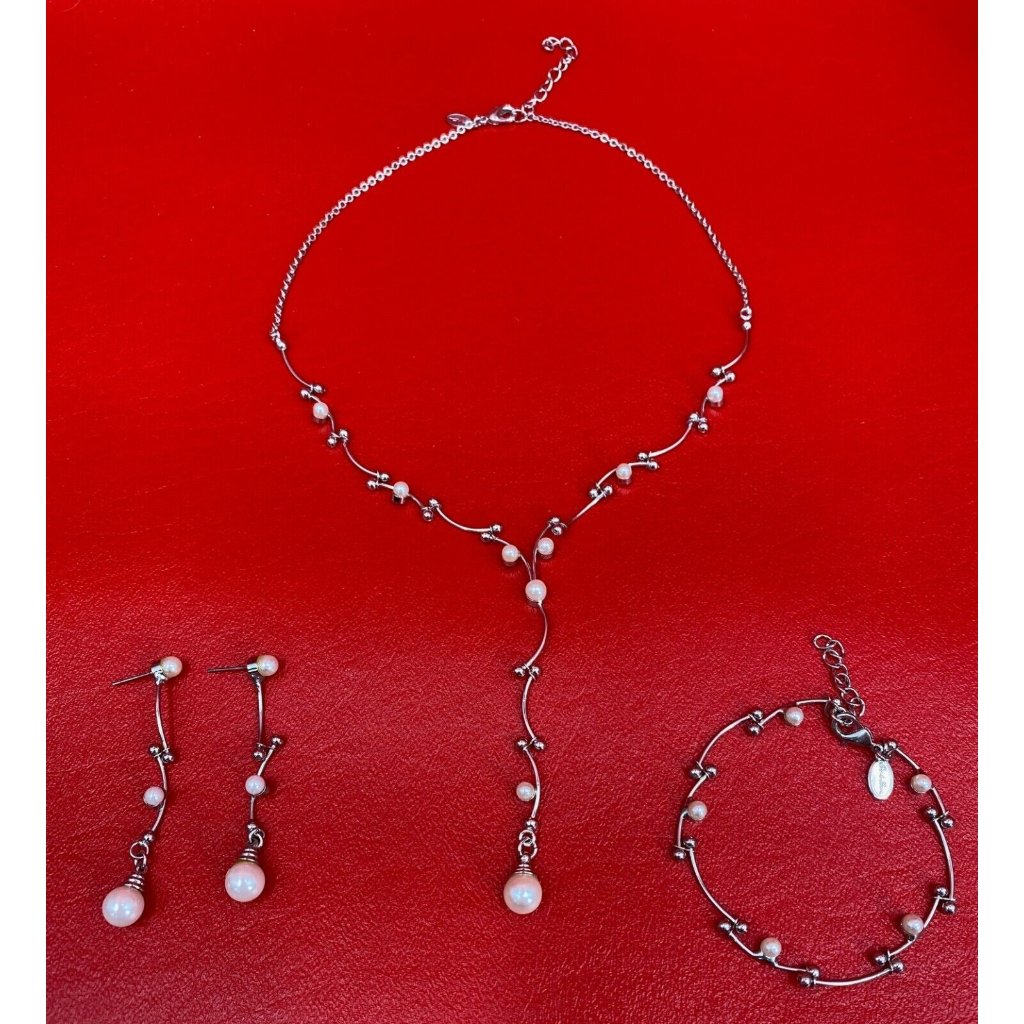 Park Lane Faux Pearl Dangle Silver Tone Necklace Bracelet Earrings Set 50$